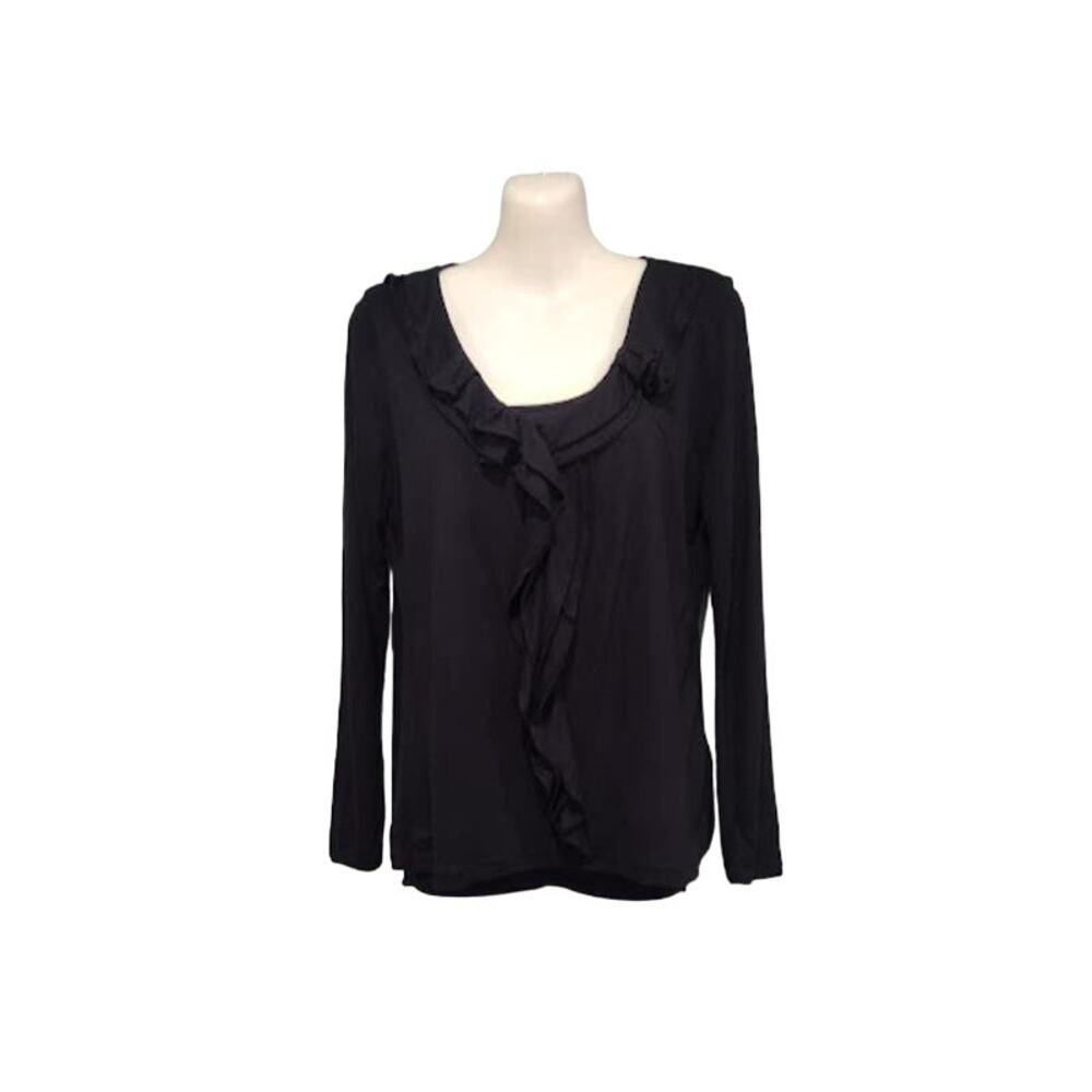 Talbots Long Sleeve Scoop Neck Top with Ruffle, Black,‎ Sz MP